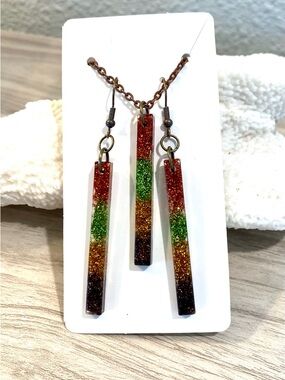 96. Glitter Ombre Bar Pendant Necklace & Earring Set with beach sand